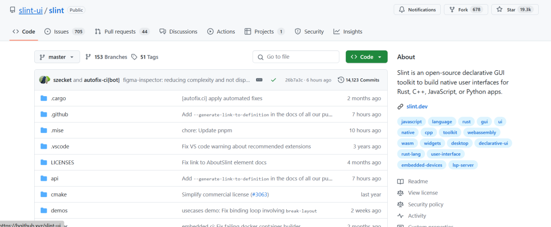 Slint在GitHub上的开源项目主页