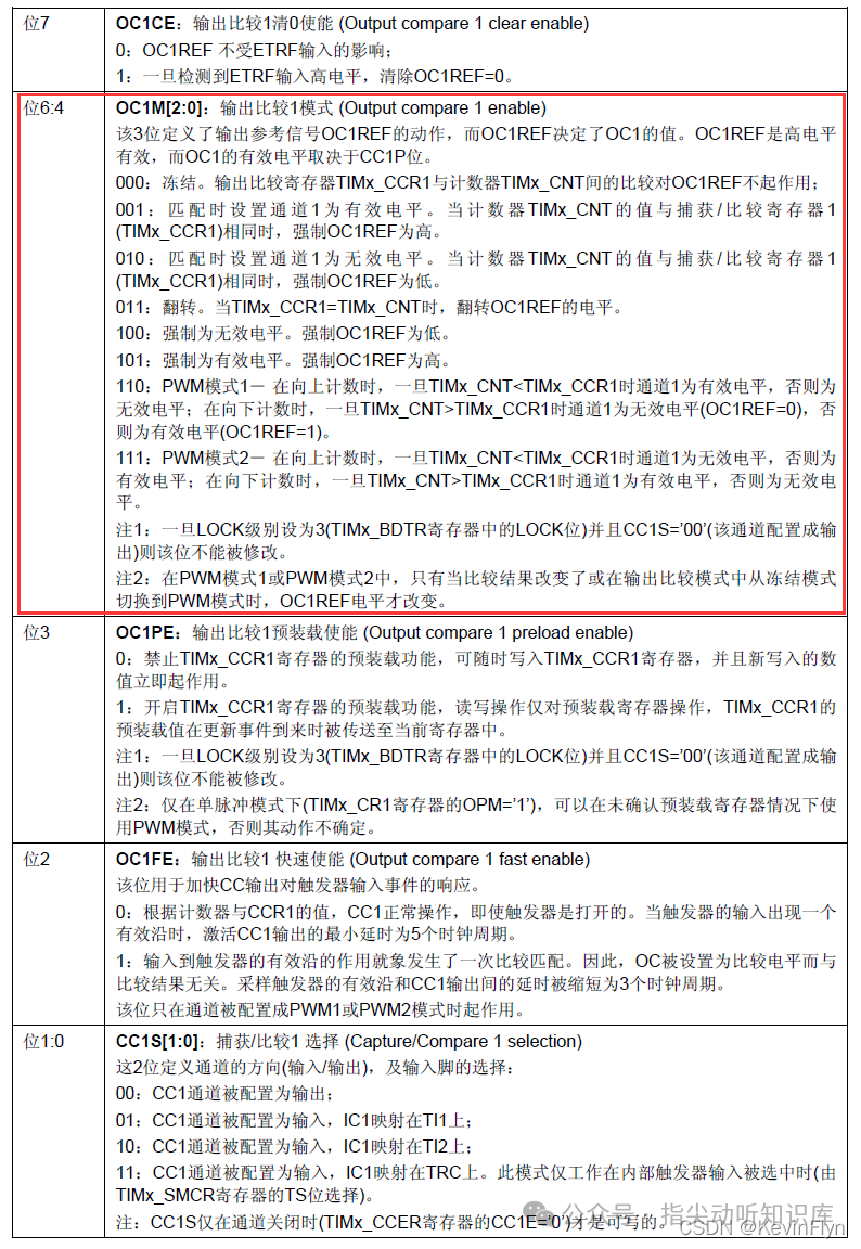 TIMx_CCMR1寄存器结构(下半部分及位定义)