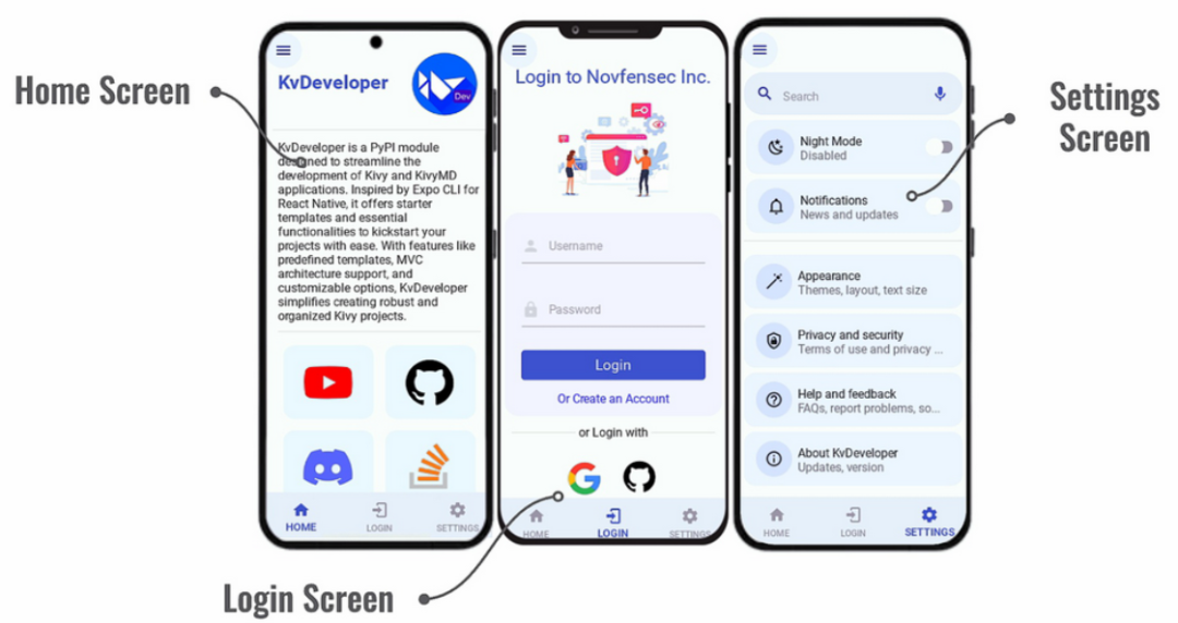 KvDeveloper应用的登录与设置界面示意图