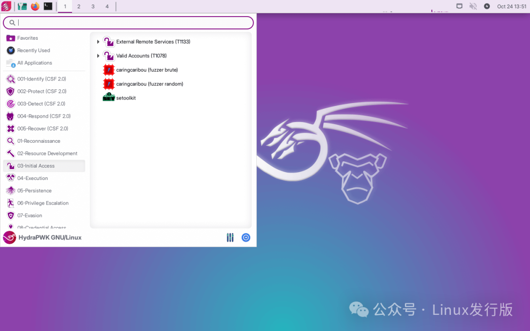 HydraPWK 桌面截图：展示 Linux 启动器界面，左侧应用分类已展开“03-Initial Access”下的多个安全工具，背景为紫蓝渐变配龙猿徽标