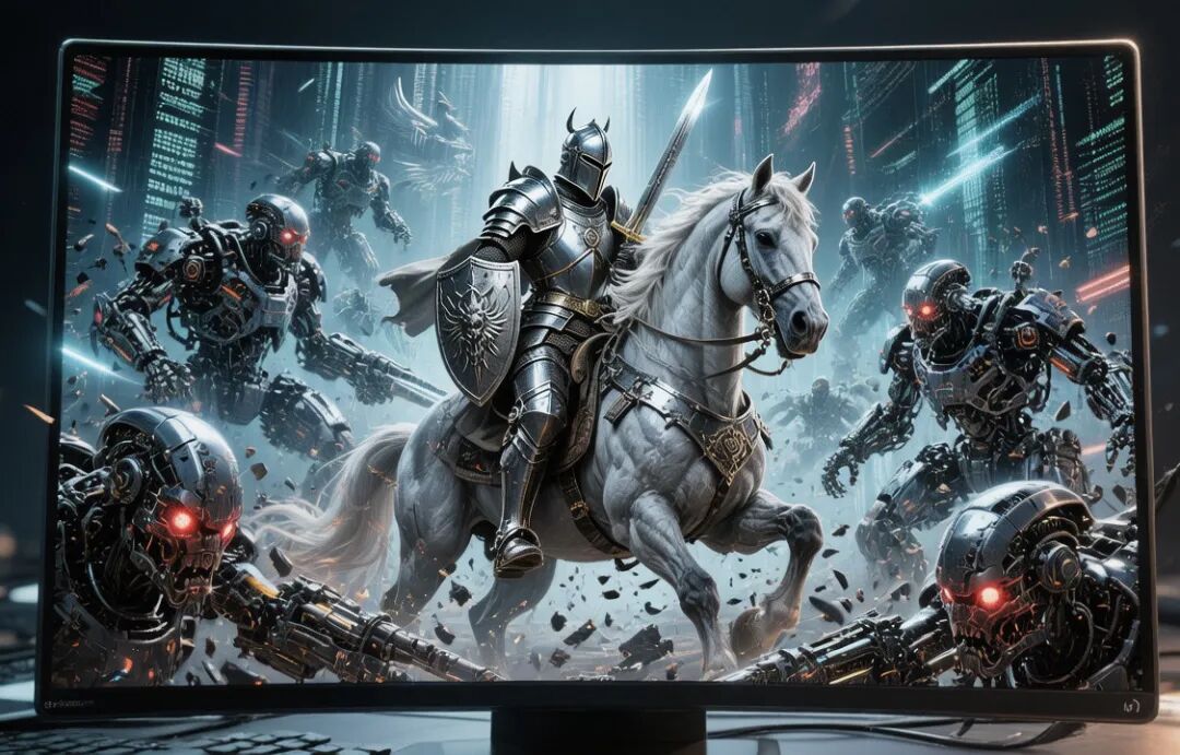 骑士与机甲战斗的未来场景