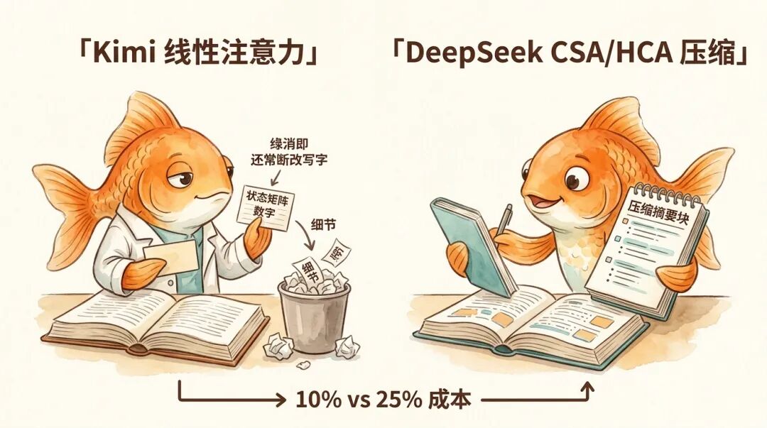 概念图：线性注意力（Kimi 路线）vs 压缩注意力（DeepSeek 路线）