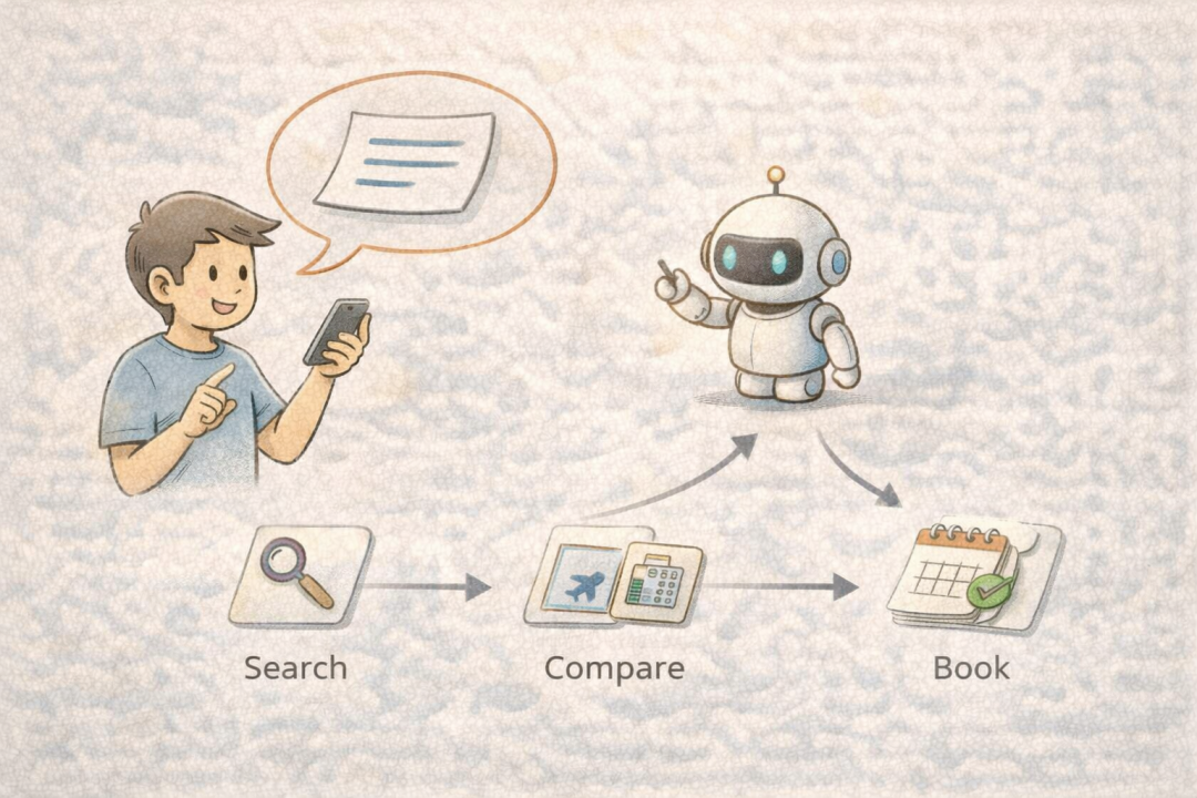 AI Agent处理任务的三个步骤流程图：搜索、比较、预订