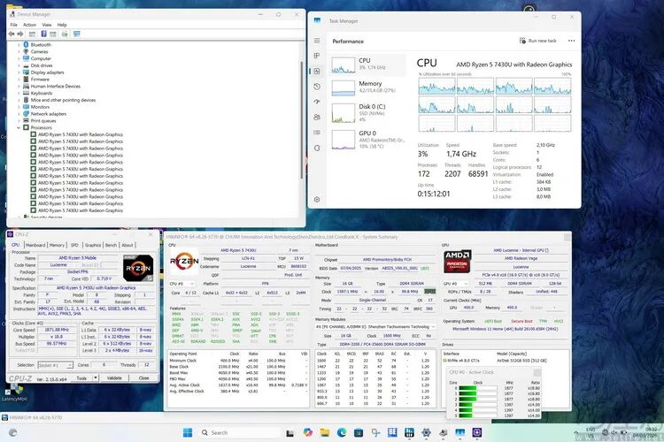 系统监控软件显示多个硬件信息窗口