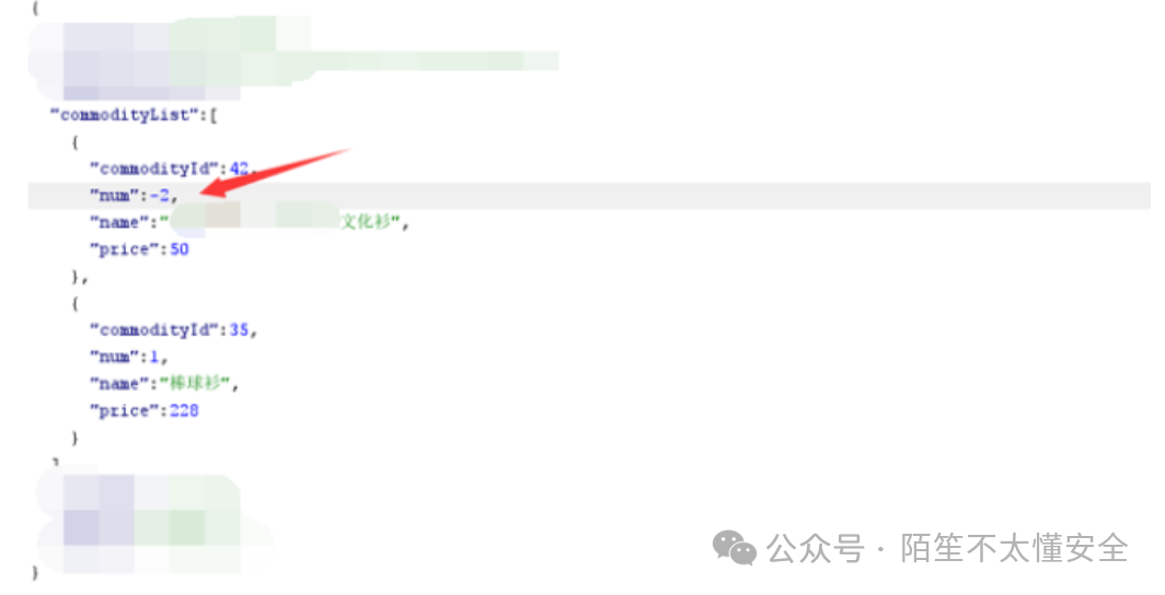 JSON数据截图，展示商品列表中某商品数量被设置为-2