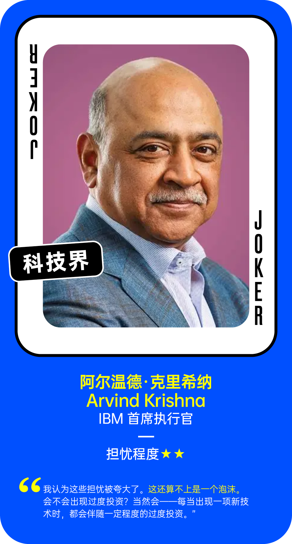 阿尔温德·克里希纳关于AI泡沫的担忧程度观点卡