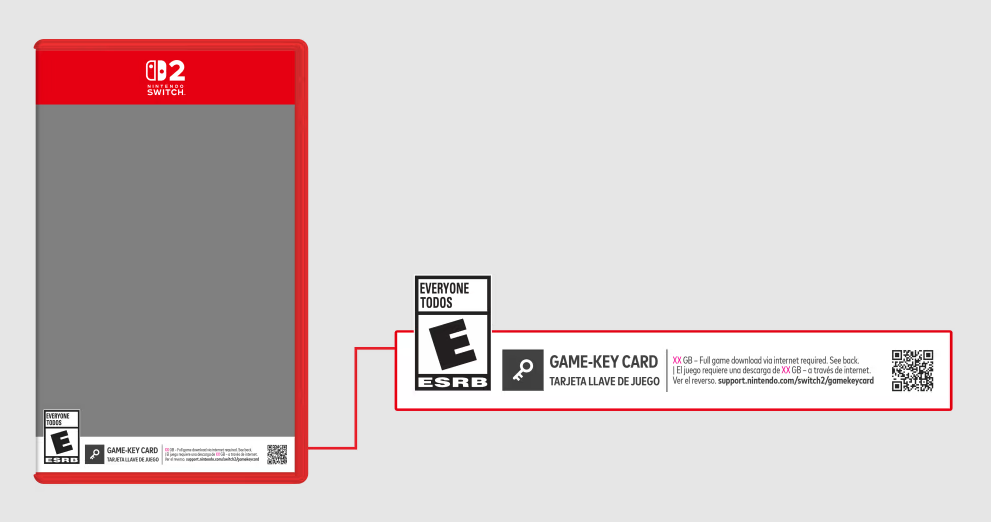 任天堂Switch 2 Game-Key Card包装背面视图,明确标注需下载完整游戏 | 来源:任天堂官网