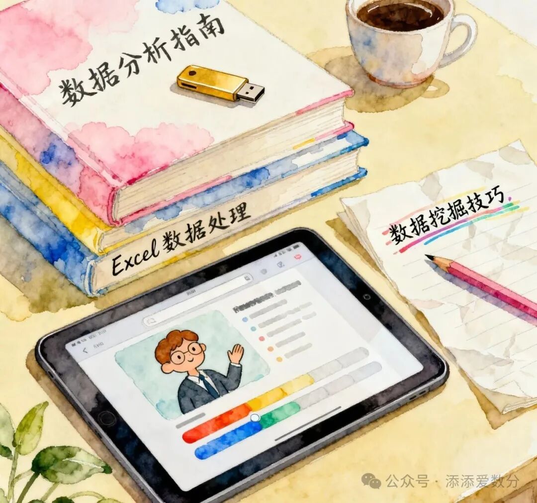 水彩风格插画:数据分析相关书籍与学习工具