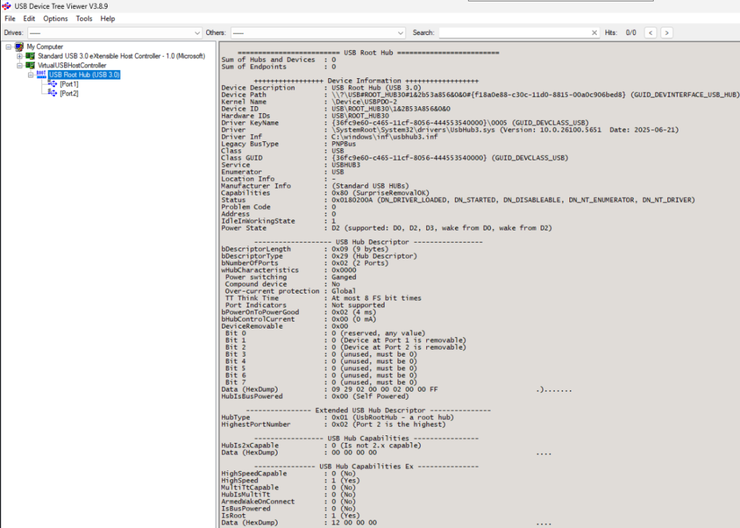 USBTreeView工具显示的USB根集线器详细信息
