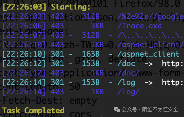 深色背景的终端日志界面,显示目录扫描的输出结果,包含 403、301 等状态码