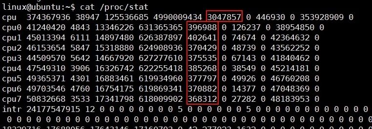 查看 /proc/stat 文件获取CPU统计信息