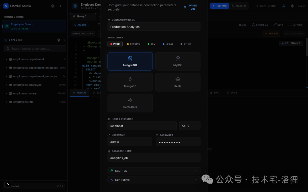 LibreDB Studio 连接管理界面，支持 SSL/TLS 与 SSH 隧道