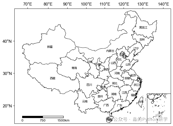 标注了中文省份简称的中国行政区划地图