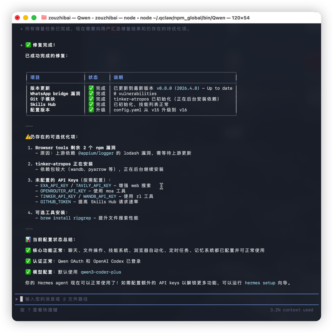 修复完成后的结果汇总,显示核心功能已正常
