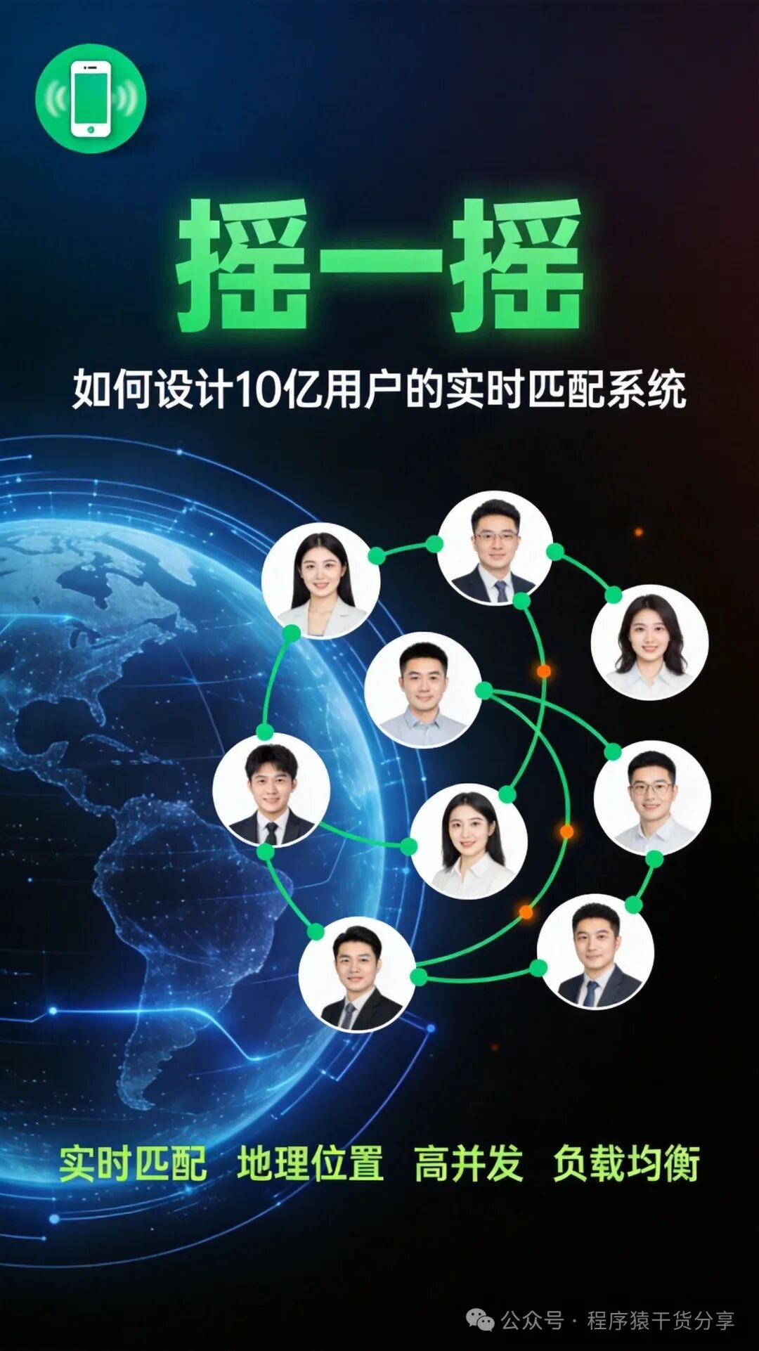 微信摇一摇功能架构示意图：展示了用户头像网络、核心功能与技术关键词