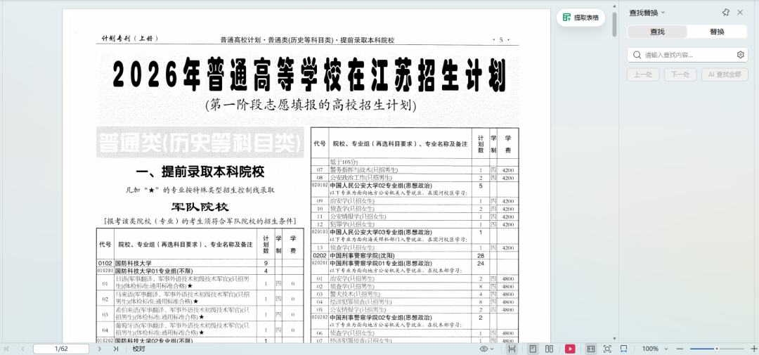 PDF文档左侧预览“2026年普通高等学校在江苏招生计划”中提前录取本科院校的军队院校部分,右侧显示对应的Markdown/JSON结构预览