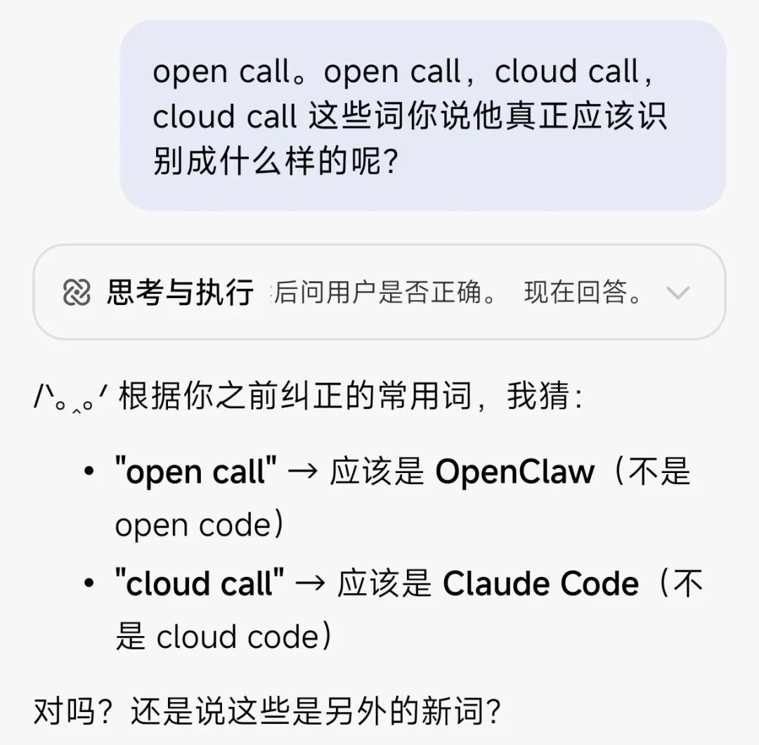 用户测试纠正效果，AI正确识别了相关词汇