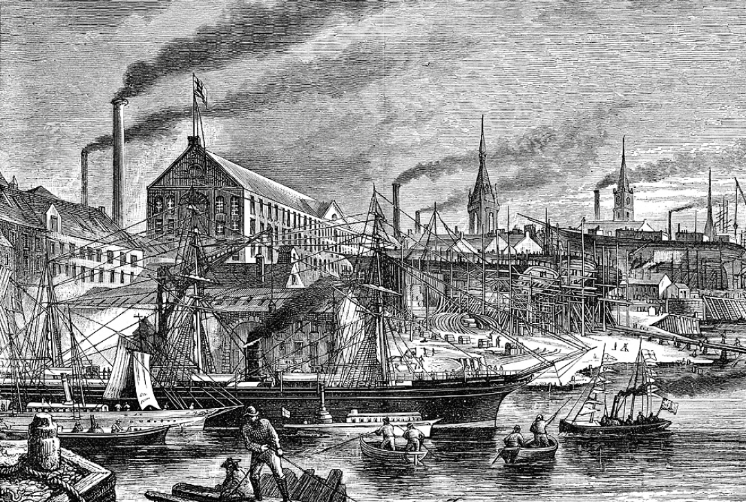 描绘工业革命时期港口的版画