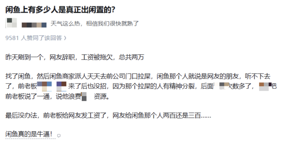 社交媒体评论截图：关于闲鱼用户找商家解决欠薪的荒诞故事