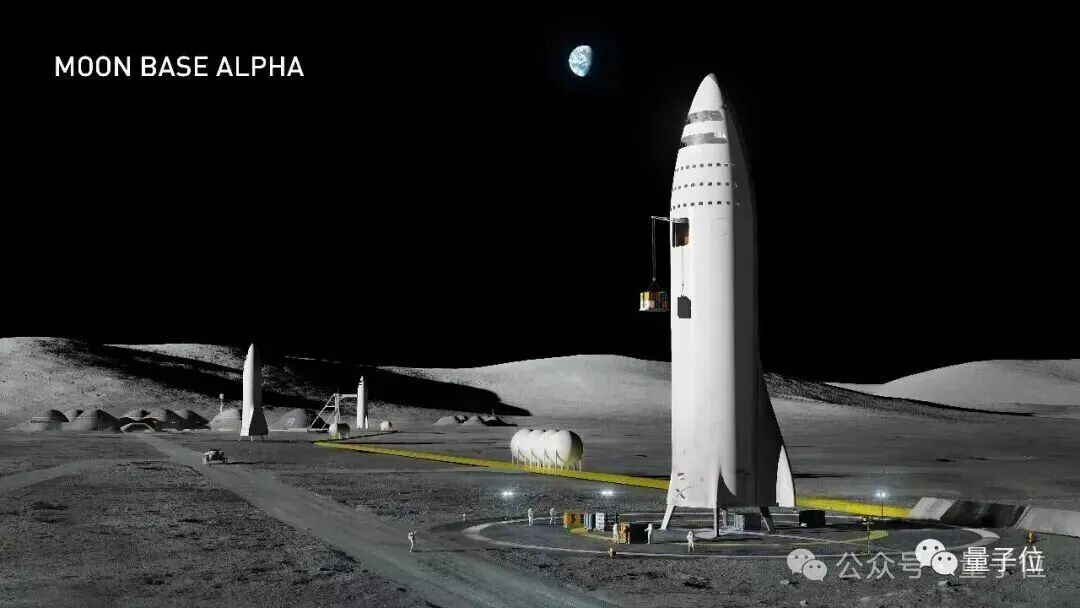 月球基地概念图,前景矗立着高大的星舰,宇航员在周围活动