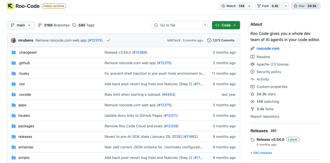 Roo Code GitHub 仓库页面,展示 AI 代理团队工具信息
