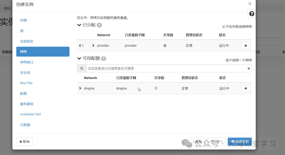网络选项卡，已分配网络“provider”，可用配额含“dinginx”网络，状态均为“运行中”