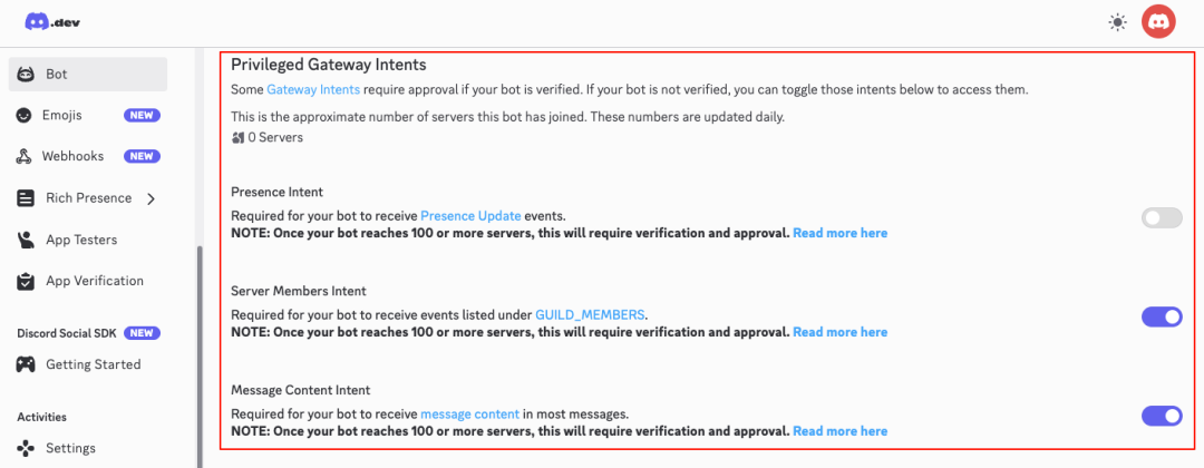 Discord特权网关意图设置界面