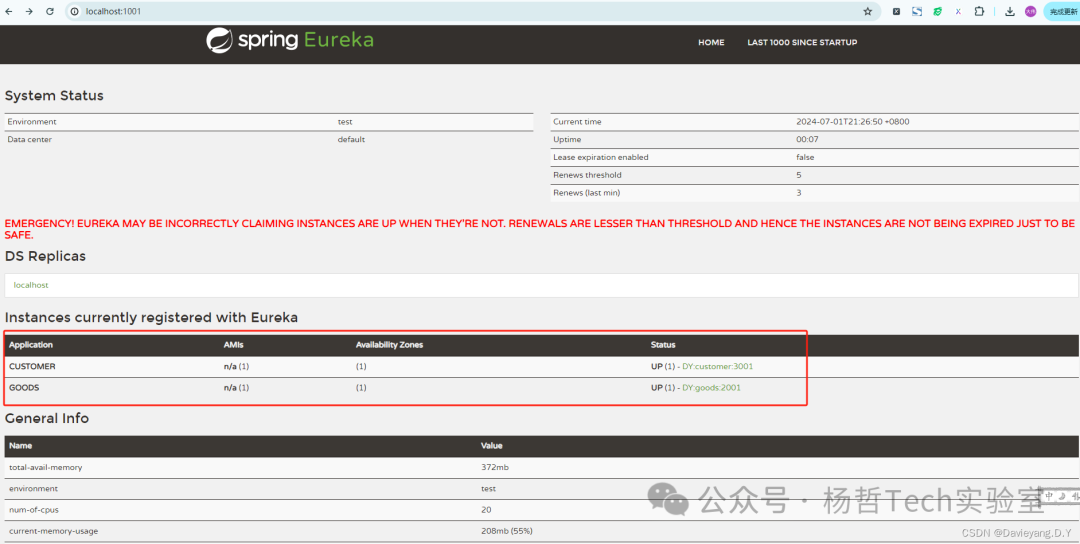 注册了CUSTOMER和GOODS服务实例的Eureka页面