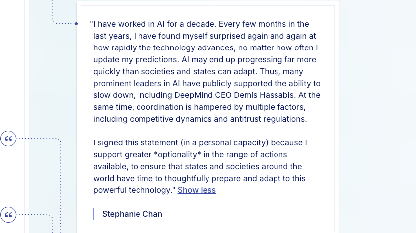 Stephanie Chan的引述文本，包含其对AI发展速度的观察及签署公开信的个人理由