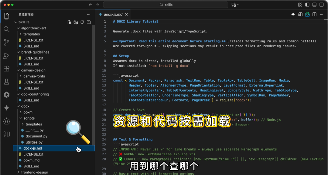 技能资源和代码按需加载的注释