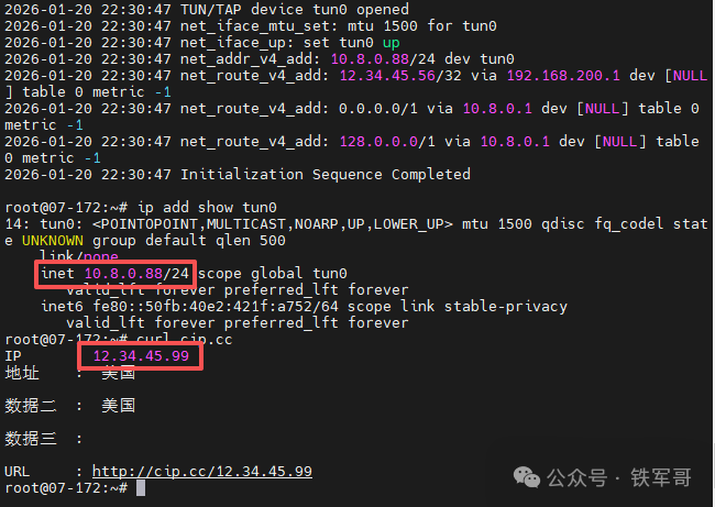 客户端连接OpenVPN服务器的终端日志