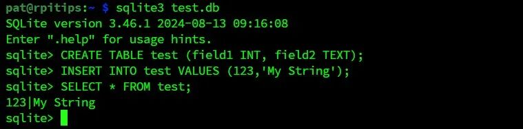 SQLite3 数据库创建、建表、插入与查询操作终端截图