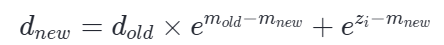 d_new = d_old × e^(m_old - m_new) + e^(z_i - m_new)