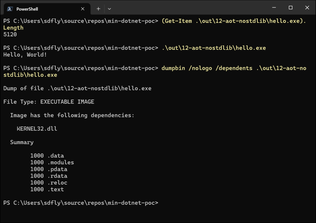 去掉标准库后 hello.exe 仅 5KB 且只依赖 kernel32