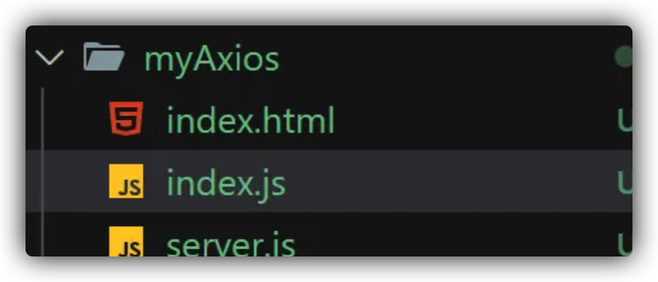 项目文件结构：myAxios文件夹包含index.html、index.js和server.js文件