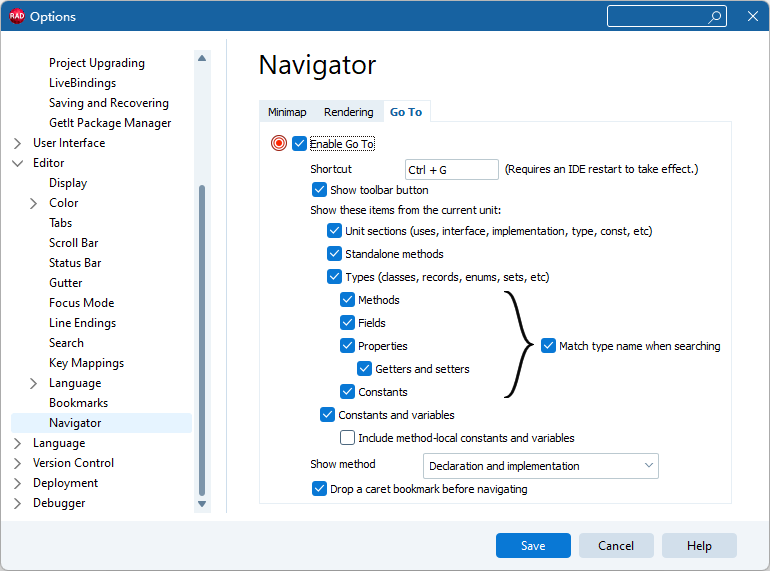 RAD Studio 13.2 Navigator Goto设置界面