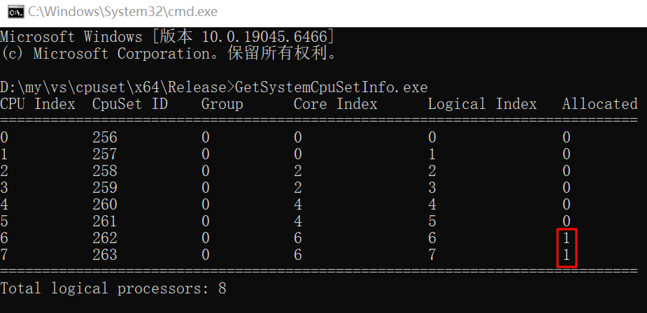 GetSystemCpuSetInfo.exe运行结果,显示CPU6与CPU7的Allocated为1