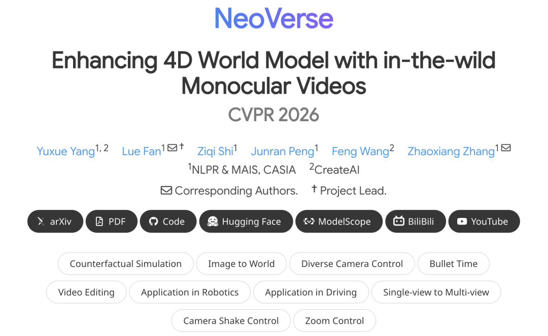 CVPR 2026论文《NeoVerse: Enhancing 4D World Model with in-the-wild Monocular Videos》封面
