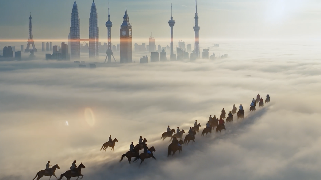 一群骑手在云海中策马前行，背景是世界多地标建筑剪影，象征企业出海征途