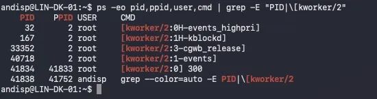 终端中 ps 命令过滤出的 kworker 进程列表