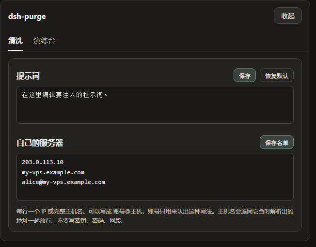 dsh-purge 提示词与服务器名单编辑界面,包含提示词编辑文本框和自有服务器名单配置区,底部说明每行填写一个 IP 或完整主机名,并提示不要填写密钥、密码或网段