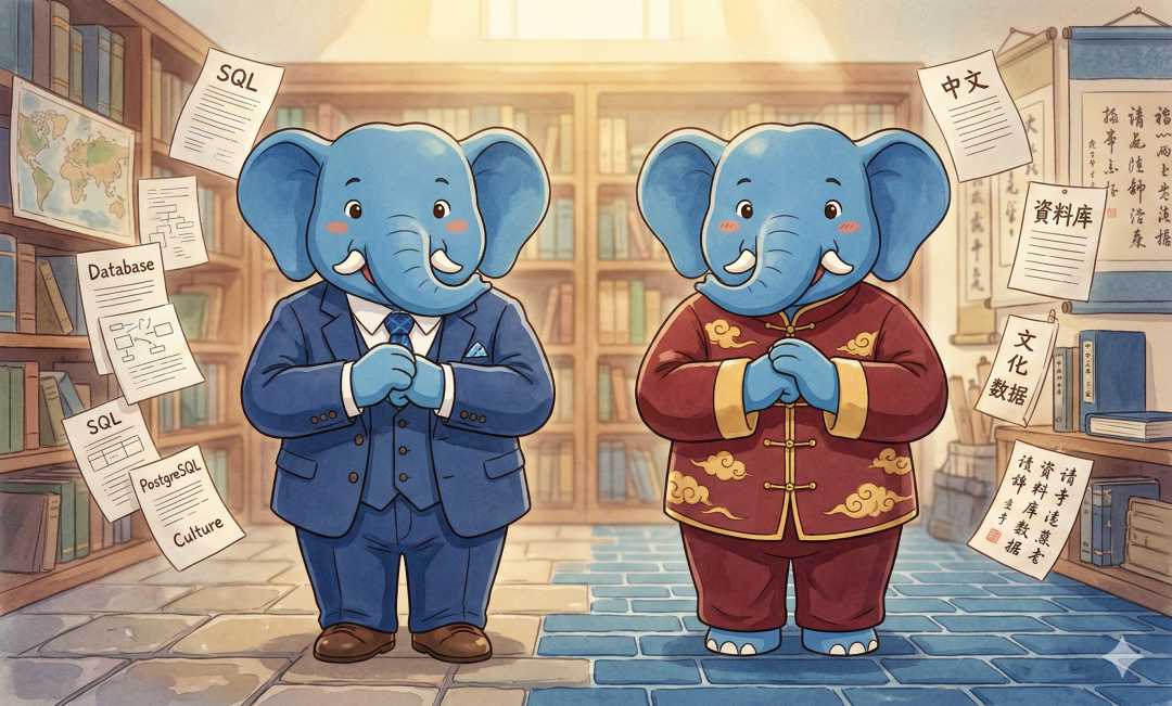 象征东西方文化与数据库技术融合的卡通插画