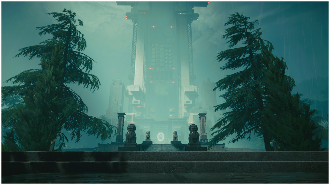雾气弥漫的科幻塔楼场景，带有石狮雕像