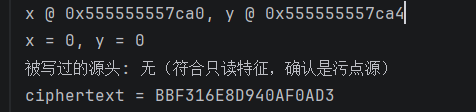 终端输出:x=0 y=0 确认污点源与密文字符串