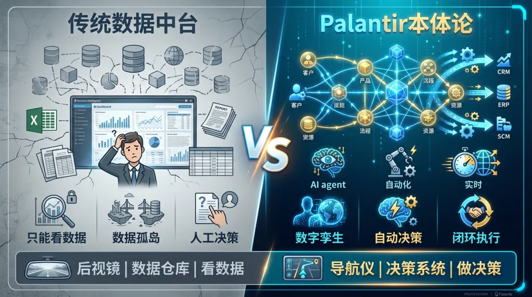 传统数据中台与Palantir本体论核心能力对比：数据孤岛、只读报表 vs 实时数字孪生与闭环决策