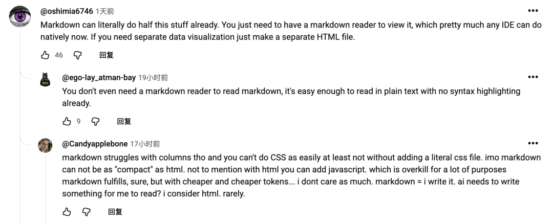 网友讨论 Markdown 阅读器和 HTML 对比的评论