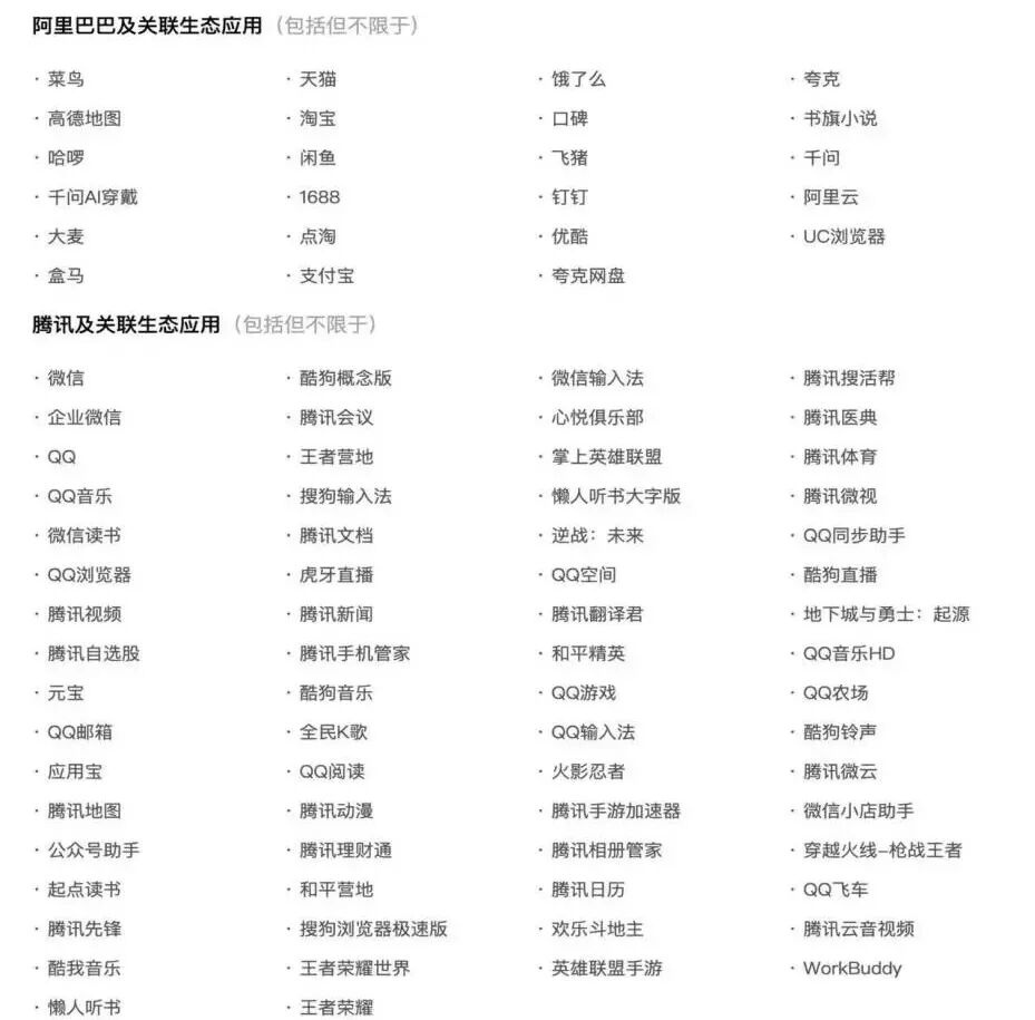 拒绝豆包手机助手自动化操作的阿里系与腾讯系应用列表