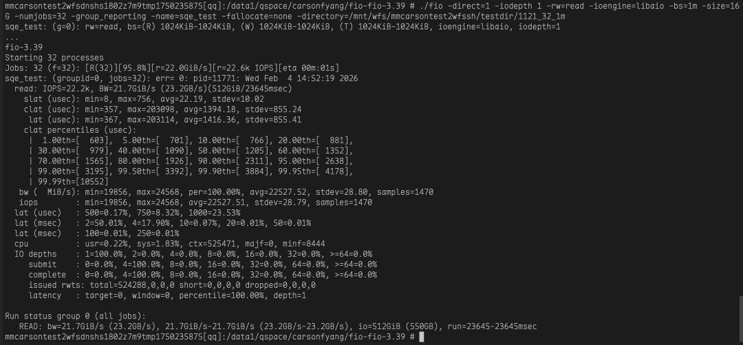 Fio测试结果:带宽21.7GiB/s,IOPS 22.2k,延迟分布统计