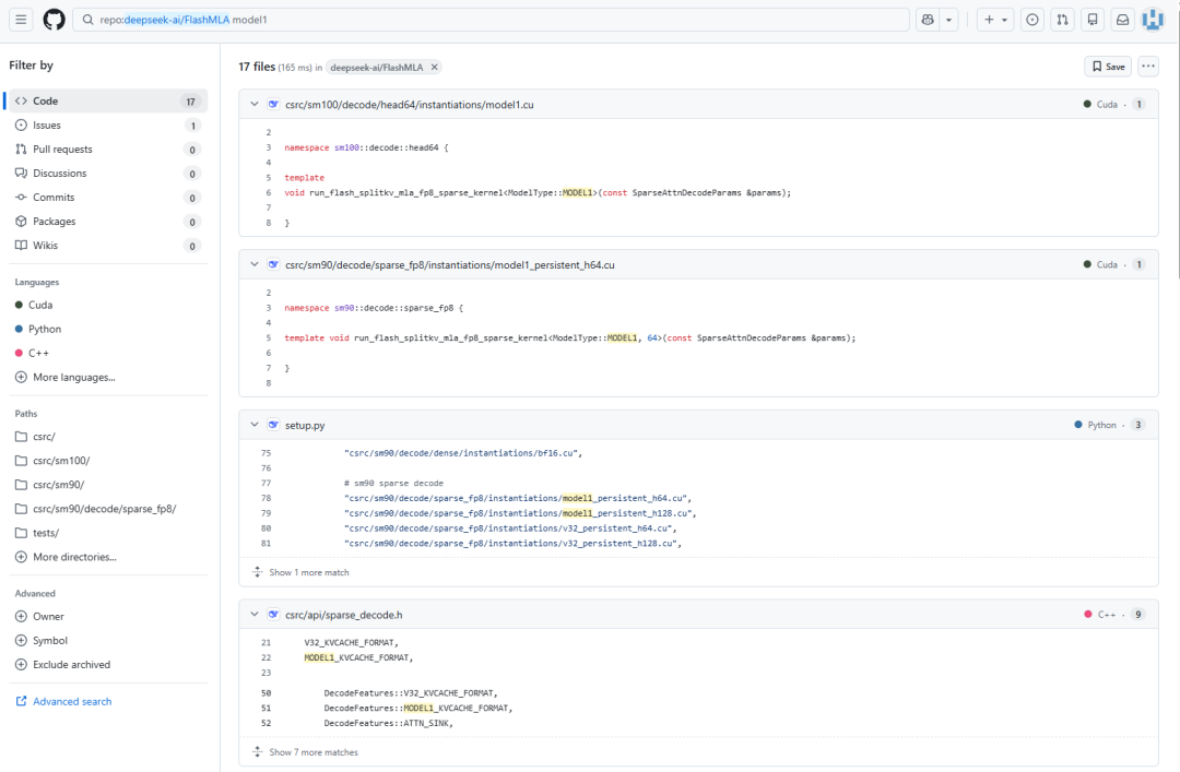 FlashMLA代码仓库截图显示Model1相关文件