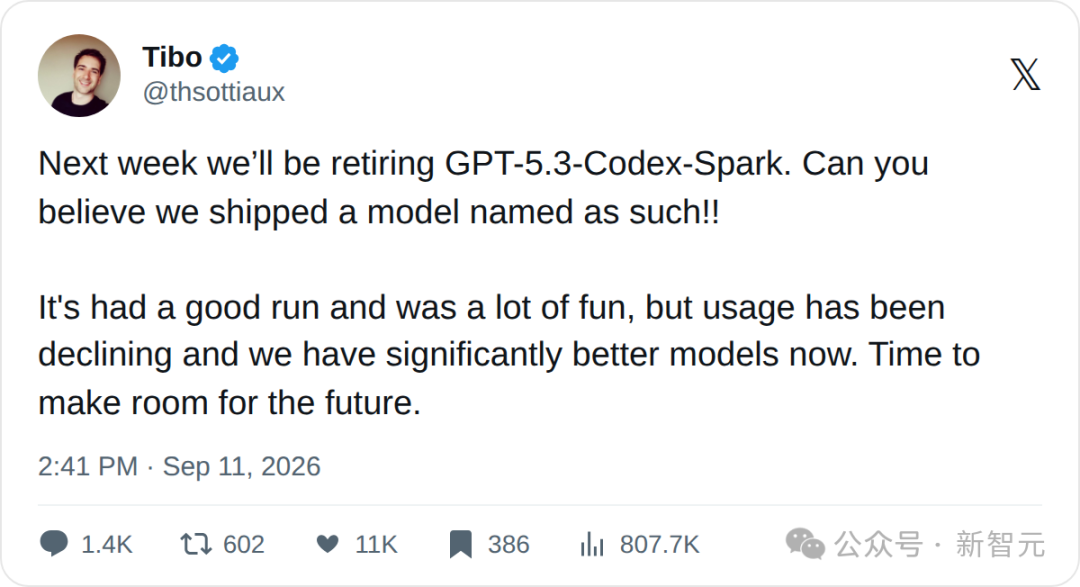 OpenAI Codex负责人Tibo发推宣布GPT-5.3-Codex-Spark下周退役的推文截图,包含互动数据